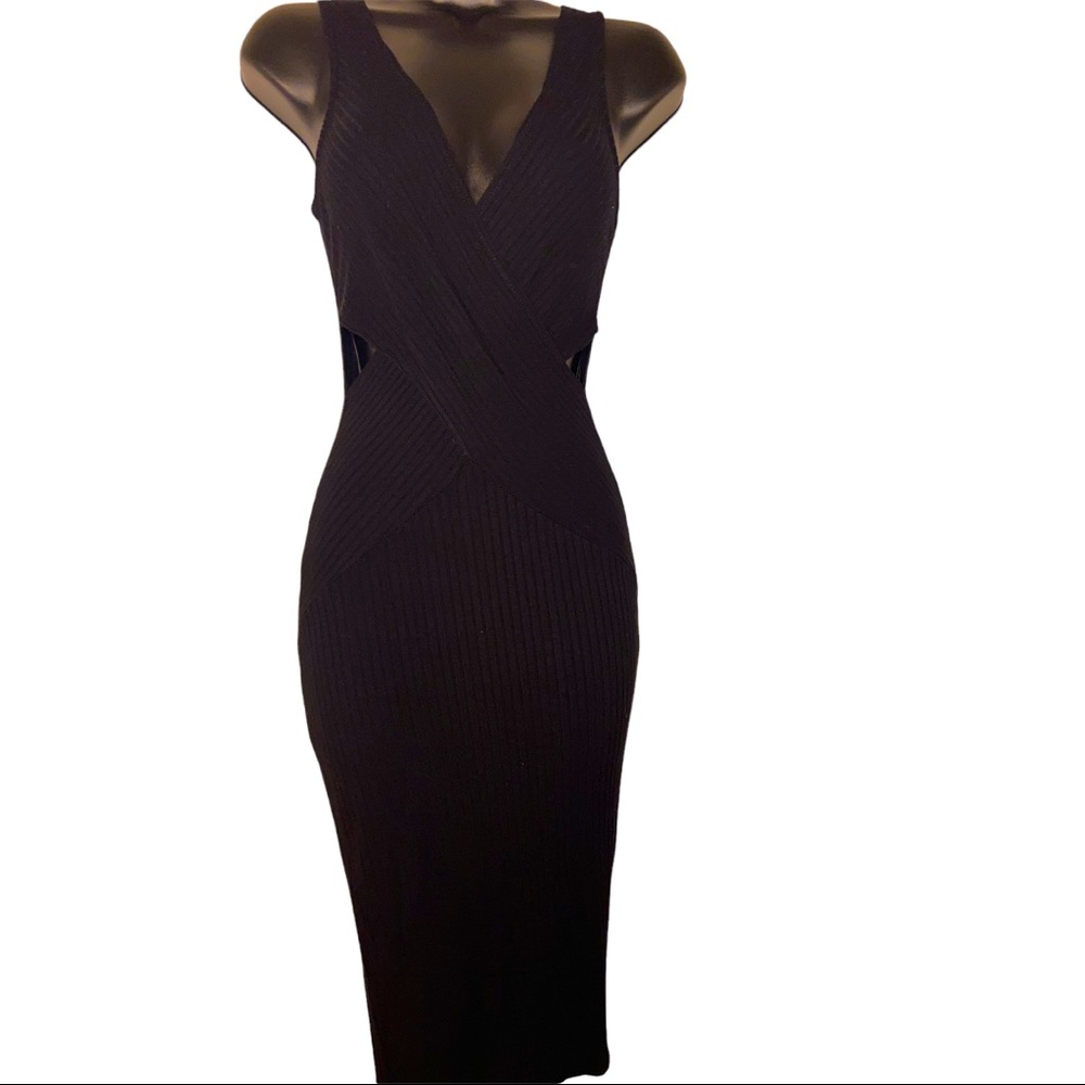 Black Midi Rib Knit Cut Out Dress